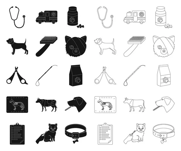 Clinique vétérinaire noir, icônes de contour dans la collection ensemble pour la conception. Traitement d'un animal de compagnie vecteur symbole stock web illustration . — Image vectorielle