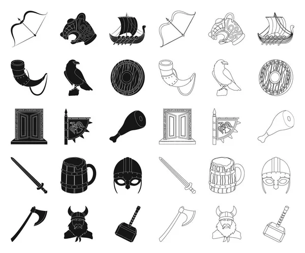 Vikingler ve öznitelikleri siyah, anahat simgeleri set koleksiyonu tasarım için. Eski İskandinav savaşçı vektör simge stok web çizimi.