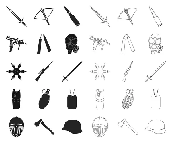 Typy zbraní černá, obrys ikony v nastavení kolekce pro design. Střelné zbraně a ostré zbraně vektorové ilustrace symbolů akcií web. — Stockový vektor