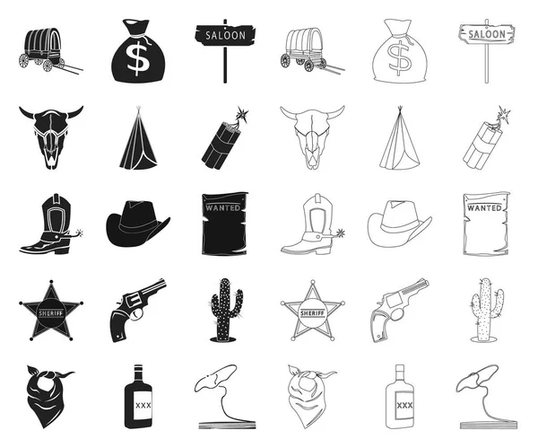 Attributs de l'ouest sauvage noir, icônes de contour dans la collection ensemble pour design.Texas et America vecteur symbole stock web illustration . — Image vectorielle