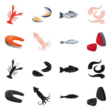 Taze ve restoran logosu yalıtılmış nesne. Hisse senedi için taze ve deniz vektör simge kümesi.