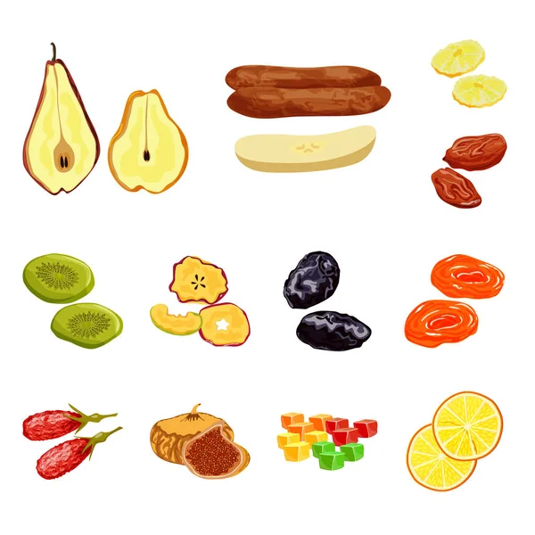 Vector ontwerp van fruit en gedroogde teken. Collectie van fruit en voedsel vector pictogram voor voorraad. — Stockvector