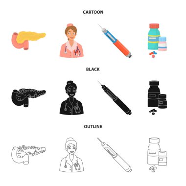 Diyet ve tedavi işareti vektör tasarımı. Hisse senedi için diyet ve tıp vektör simge kümesi.