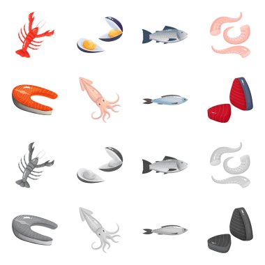 Taze ve restoran sembol yalıtılmış nesne. Taze ve deniz hisse senedi vektör çizim seti.