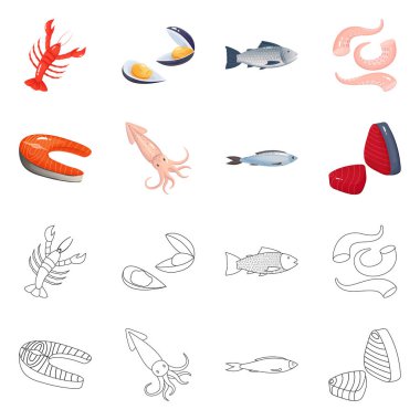 Taze ve restoran logosu yalıtılmış nesne. Taze ve deniz hisse senedi vektör çizim topluluğu.