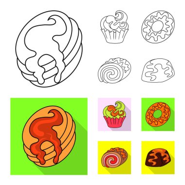 Şekerleme ve mutfak simgesi yalıtılmış nesne. Şekerlemeler ve hisse senedi için ürün vektör simge koleksiyonu.