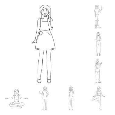 Duruş ve ruh hali simge vektör tasarımı. Duruş ve hisse senedi için kadın vektör simge kümesi.
