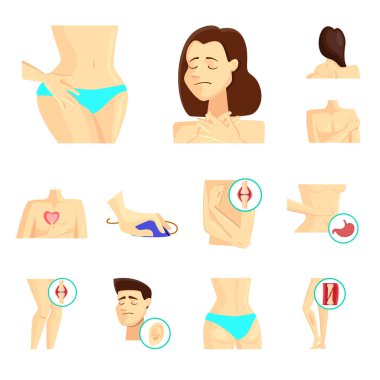 Ağrı ve hastalık logo yalıtılmış nesne. Hisse senedi için ağrı ve yaralanma vektör simge kümesi.