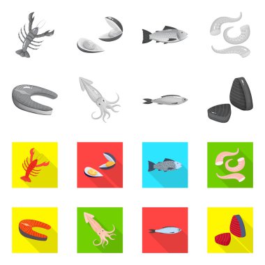 Vektör tasarımı taze ve restoran oturum açın. Hisse senedi için taze ve deniz vektör simge kümesi.