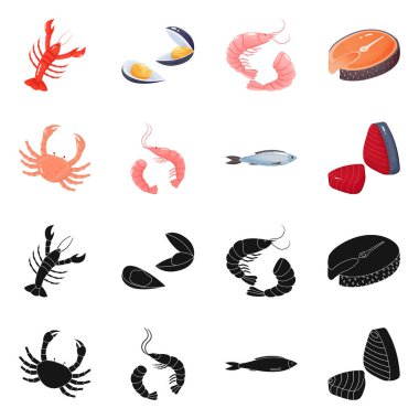 Taze ve restoran logosu yalıtılmış nesne. Hisse senedi için taze ve deniz vektör simge kümesi.