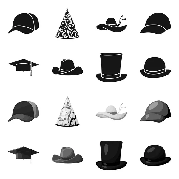 服と帽子のロゴの孤立したオブジェクト。Web 用の服とベレー帽の銘柄記号のコレクション. — ストックベクタ
