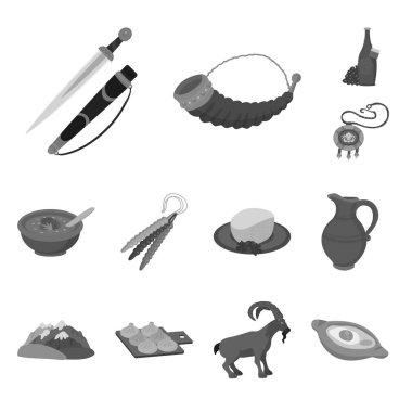 Nitelikleri ve Turizm işareti izole nesne. Hisse senedi nitelikleri ve ulusal vektör simgesi koleksiyonu.