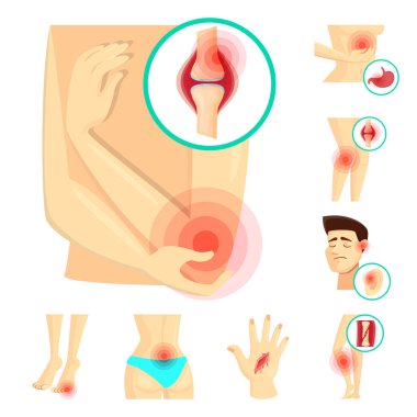 Ağrı ve hastalık logo vektör Illustration. Ağrı ve yaralanma hisse senedi vektör çizim seti.