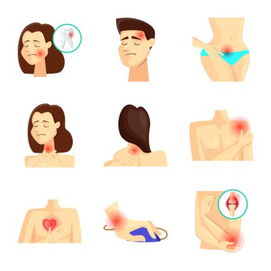 Ağrı ve hastalık logo vektör Illustration. Hisse senedi için ağrı ve yaralanma vektör simge kümesi.