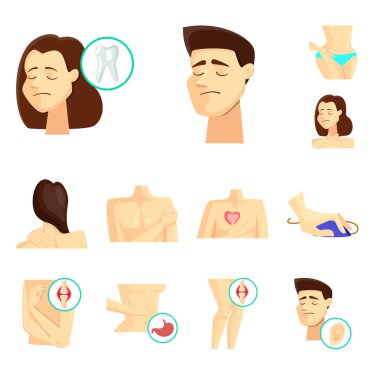 Ağrı ve hastalık işareti vektör tasarımı. Web için ağrı ve yaralanma hisse senedi simgesi kümesi.