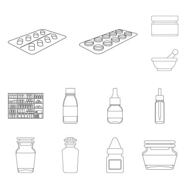Eczane ve ilaç logo vektör çizimi. Web için eczane ve sağlık hisse senedi simgesi kümesi.