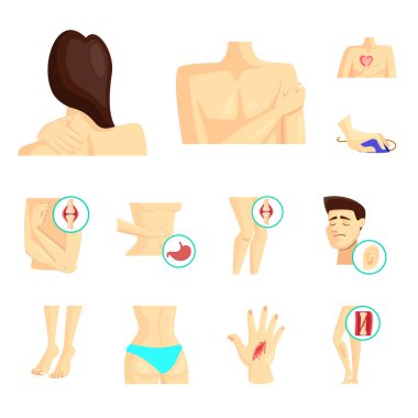 Ağrı ve hastalık simge vektör tasarımı. Web için ağrı ve yaralanma hisse senedi simgesi kümesi.