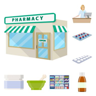 Eczane ve ilaç sembolü yalıtılmış nesne. Eczane ve sağlık hisse senedi vektör çizim seti.