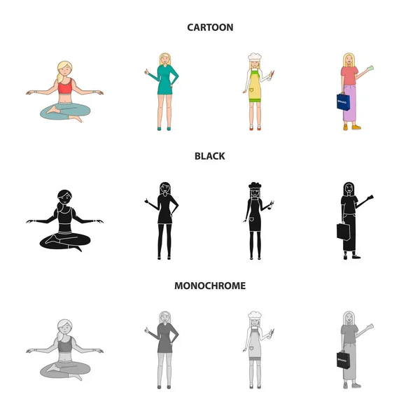 Diseño vectorial de postura y logotipo del estado de ánimo. Conjunto de postura y símbolo de stock femenino para web . — Vector de stock