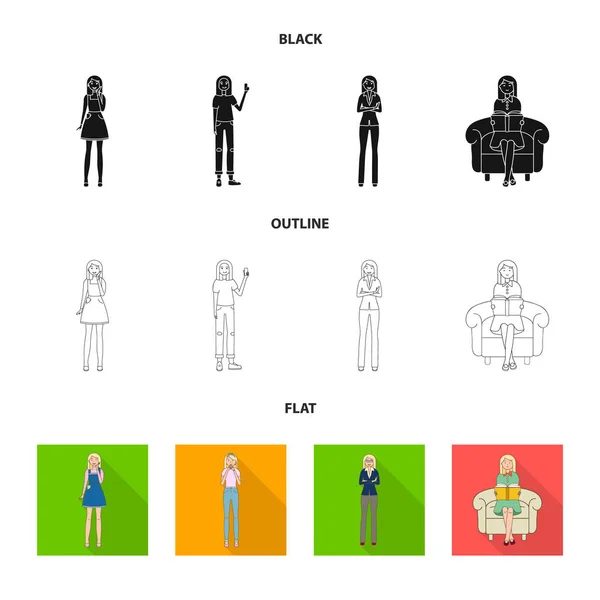 Vektorové ilustrace ikony pozice a náladou. Kolekce z držení těla a samice burzovní symbol pro web. — Stockový vektor