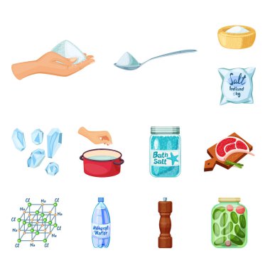 Tuz ve gıda logo yalıtılmış nesne. Hisse senedi için tuz ve mineral vektör simge kümesi.