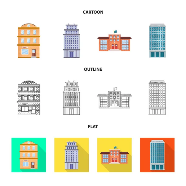 Diseño vectorial del icono municipal y del centro. Conjunto de iconos vectoriales municipales y inmobiliarios para stock . — Vector de stock