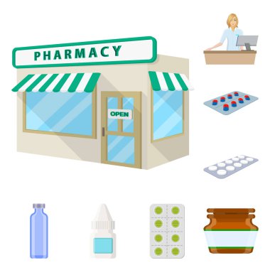 Eczane ve ilaç sembolü yalıtılmış nesne. Hisse senedi için eczane ve sağlık vektör simge kümesi.