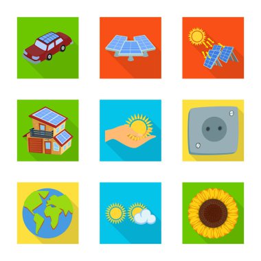 Güneş ve panel simgesinin vektör tasarımı. Web için güneş ve yeşil Stok sembolü seti.