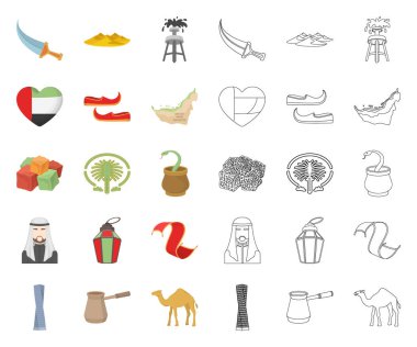 Ülke Birleşik Arap Emirlikleri çizgi film, set koleksiyonu tasarım için anahat simgeleri. Turizm ve cazibe simge stok web illüstrasyon vektör.