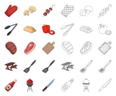 Barbekü ve ekipman çizgi film, set koleksiyonu tasarım için anahat simgeleri. Piknik ve kızartmaları sembol stok web illüstrasyon vektör.