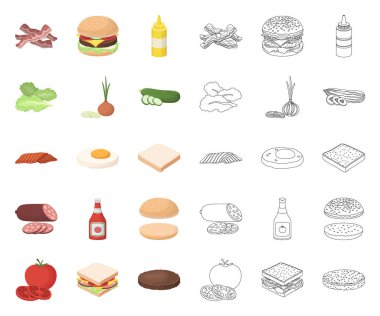 Burger ve malzemelerle çizgi film, set koleksiyonu tasarım için anahat simgeleri. Vektör simge stok web illüstrasyon pişirme Burger.