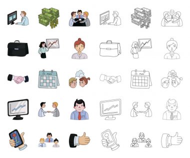 İş konferans ve görüşmeleri çizgi film, set koleksiyonu tasarım için anahat simgeleri. İş ve eğitim sembol stok web illüstrasyon vektör.