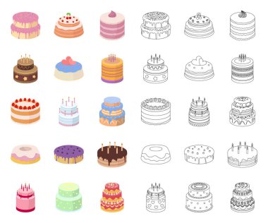 Pasta ve tatlı çizgi film, set koleksiyonu tasarım için anahat simgeleri. Tatil kek vektör simge stok web çizim.