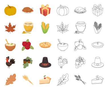 Kanada Şükran günü çizgi film, set koleksiyonu tasarım için anahat simgeleri. Kanada ve gelenek sembol stok web illüstrasyon vektör.