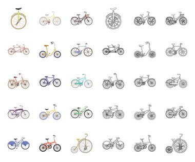 Çeşitli Bisiklet karikatür, set koleksiyonu tasarım için anahat simgeleri. Ulaşım vektör simge stok web örnek tür.