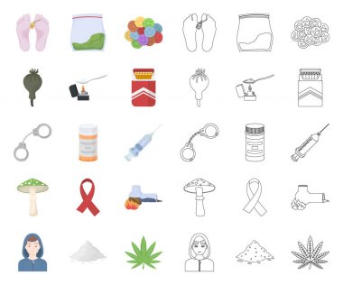 Uyuşturucu bağımlılığı ve öznitelikleri karikatür, set koleksiyonu tasarım için anahat simgeleri. Sembol stok web illüstrasyon vektör bağımlısı ve uyuşturucu.