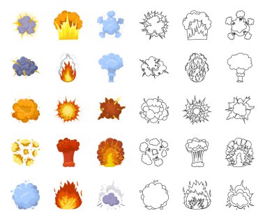Farklı patlamalar çizgi film, set koleksiyonu tasarım için anahat simgeleri. Flash ve alev vektör simge stok web çizim.
