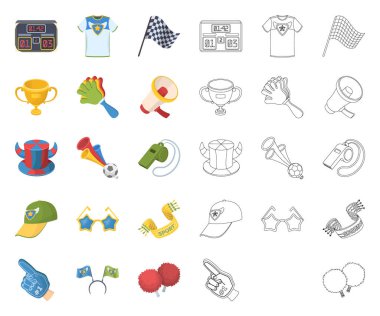 Fan ve öznitelikleri çizgi film, set koleksiyonu tasarım için anahat simgeleri. Spor Fan vektör simge stok web çizimi.