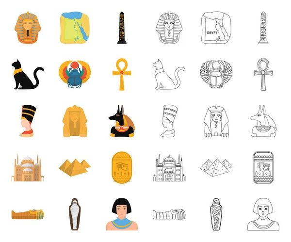 Desenhos animados do Antigo Egito, ícones de contorno na coleção de conjuntos para design. O reinado do faraó símbolo vetorial ilustração web . — Vetor de Stock