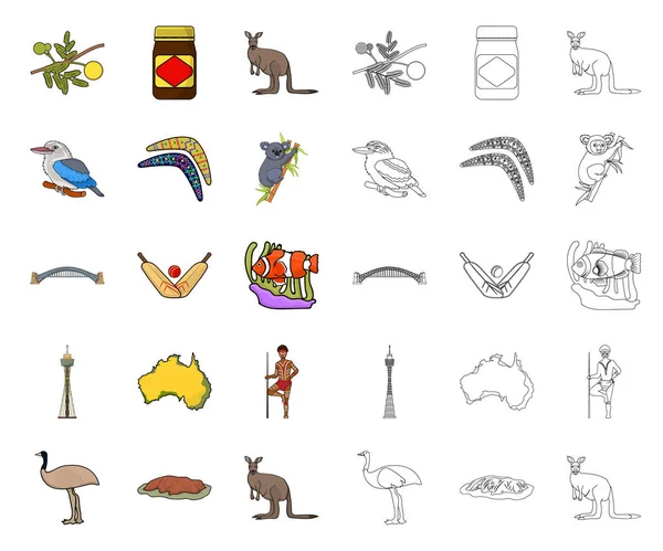 Χώρα της Αυστραλίας κινούμενα σχέδια, περίγραμμα εικονίδια στη συλλογή Set για το σχεδιασμό. Ταξίδια και αξιοθέατα εικόνα διάνυσμα σύμβολο ιστού. — Διανυσματικό Αρχείο