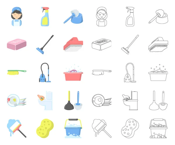 Cleaning and maid cartoon, outline icons in set collection for design. Оборудование для очистки векторного символа . — стоковый вектор