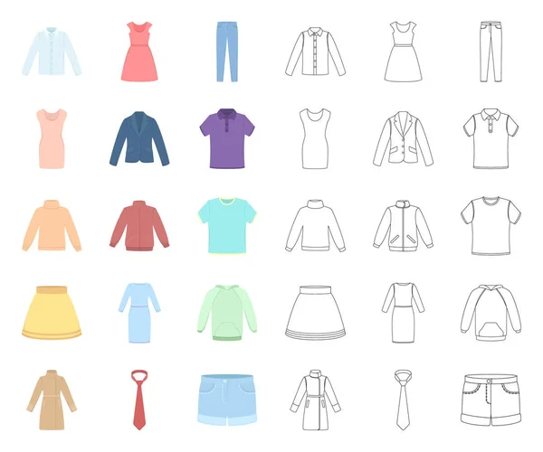 Diferentes tipos de desenhos animados de roupas, ícones de contorno na coleção de conjuntos para design. Roupas e estilo vetor símbolo web ilustração . —  Vetores de Stock