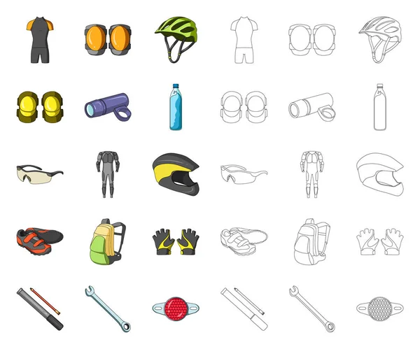 Abito bicicletta cartone animato, contorno icone in collezione set per il design. Bicicletta e strumento vettoriale simbolo stock web illustrazione . — Vettoriale Stock