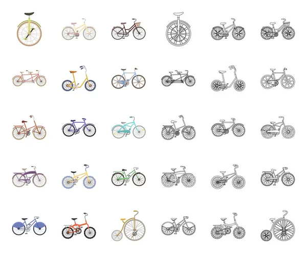 Diversas bicicletas de dibujos animados, iconos de contorno en la colección de conjuntos para el diseño. El tipo de vector de transporte símbolo stock web ilustración . — Vector de stock