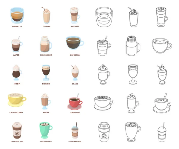 Diferentes tipos de desenhos animados de café, ícones de contorno na coleção de conjuntos para design. Café bebida vetor símbolo web ilustração . — Vetor de Stock