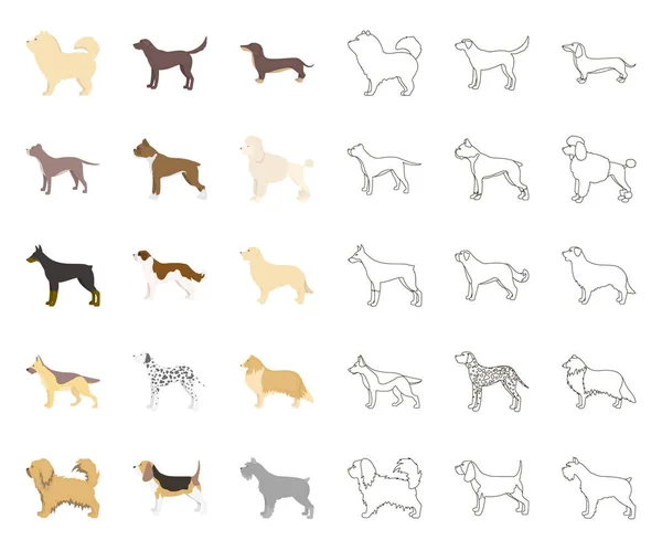 Raças de cães desenhos animados, ícones de contorno na coleção de conjuntos para design. . — Vetor de Stock