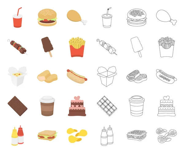 Fast food tecknad, disposition ikoner i set samling för design. Mat från halvfabrikat vektor symbol lager web illustration. — Stock vektor