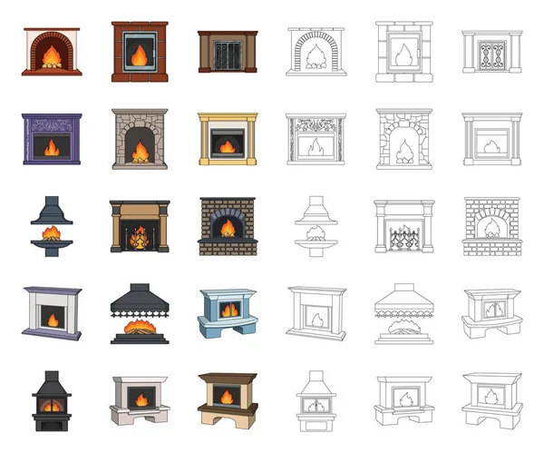 Diferentes tipos de lareiras desenhos animados, ícones de contorno na coleção de conjuntos para design.Fireplaces construção vetor símbolo web ilustração . — Vetor de Stock