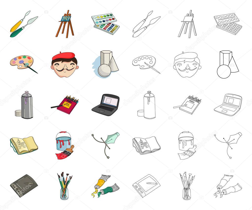 Painter and drawing cartoon,outline icons in set collection for design. Artistic accessories vector symbol stock  illustration.