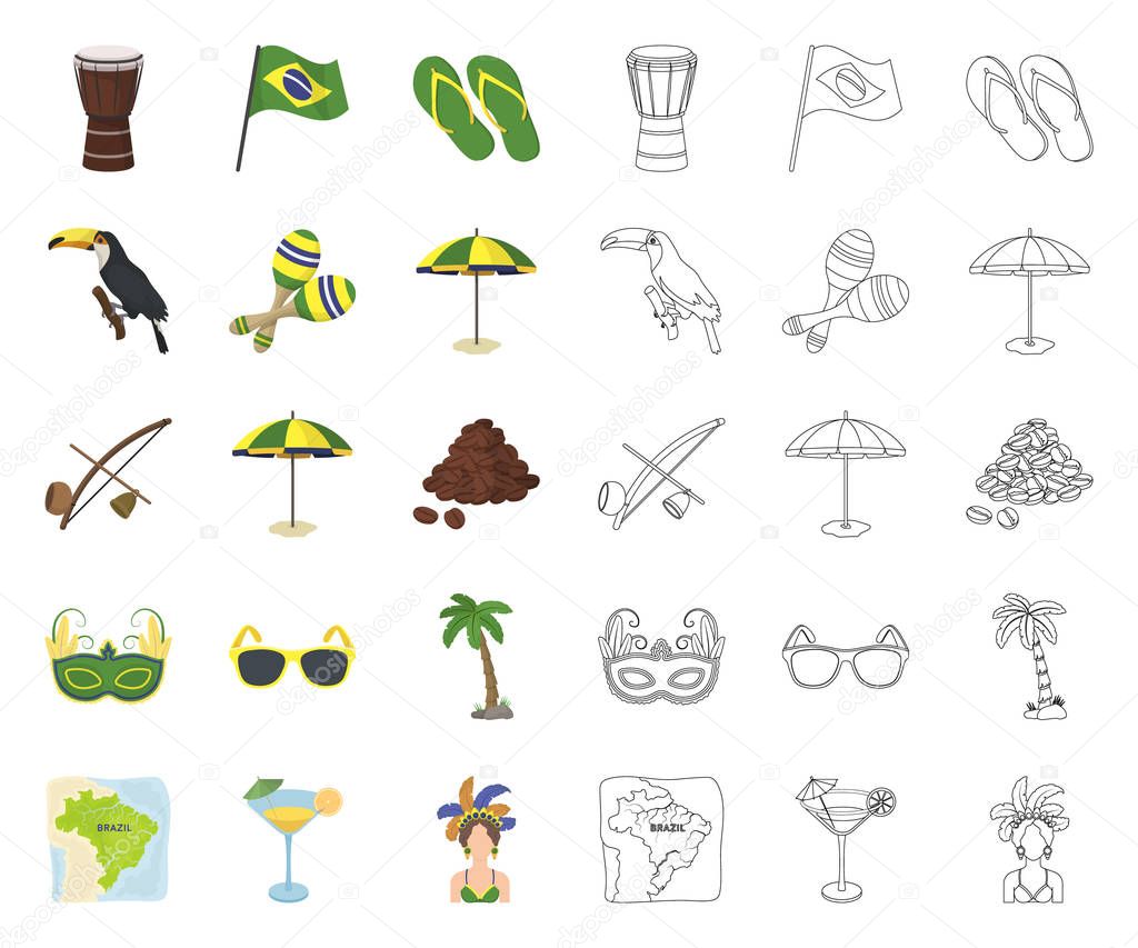 Country Brazil cartoon,outline icons in set collection for design. Travel and attractions Brazil vector symbol stock web illustration.
